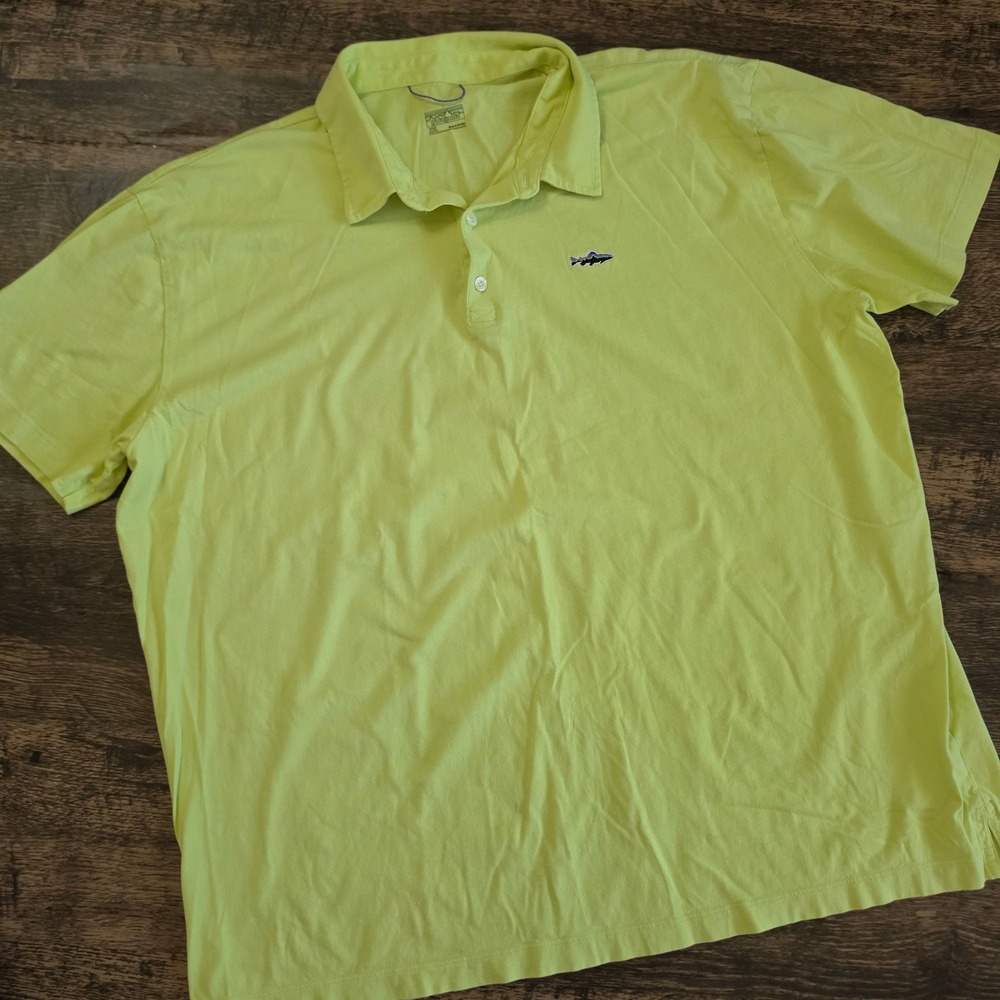 PATAGONIA Polo Shirt Mens XXL Lime Green Organic‎ Cotton Trout Logo Short Sleeve